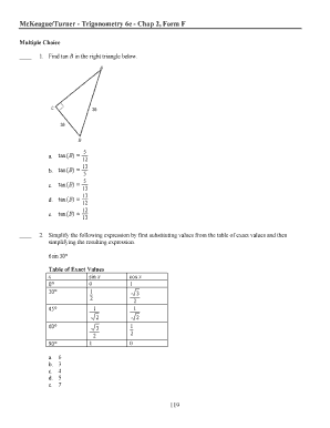 McKeague/Turner - Trigonometry 6e - Chap 2, Form F - faculty palomar