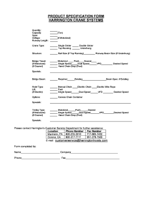 Product Specification Form