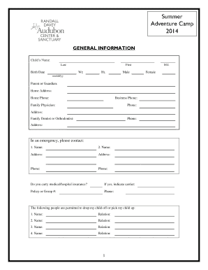 Audubon Summer Adventures Day Camp Permission Form