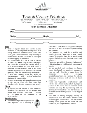 Teenage Daughter Health Form