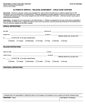 Alternate Arrival Release Agreement Child Care Centers