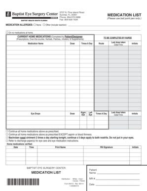 Baptist Eye Surgery Center Medication List