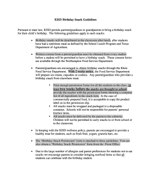 KISD Birthday Snack Permission Form