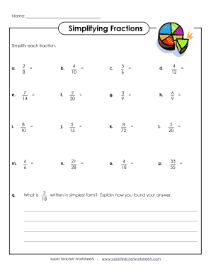 Simplifying Fractions Worksheet