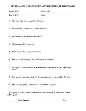 Severe Allergic Reaction Management Procedure Questionnaire
