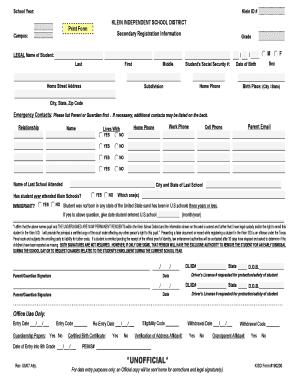 Klein ISD Student Registration Form