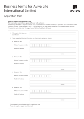Aviva Life International Business Terms Application Form