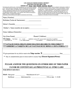 Los Angeles Unified School District Immunization Record Card