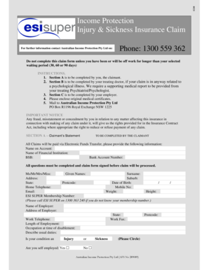 Australian Income Protection Injury and Sickness Insurance Claim Form