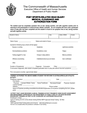 Massachusetts Post Sports-Related Head Injury Medical Clearance Form