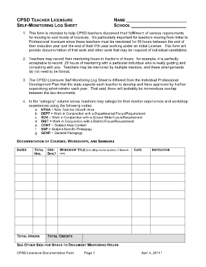 CPSD Teacher Licensure Self-Monitoring Log Sheet