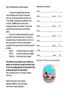 Vermont Summer Reading Log