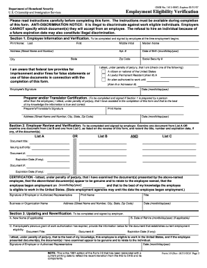 US Employment Eligibility Verification Form I-9
