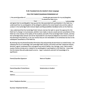 Field Trip Parent Guardian Permission Slip