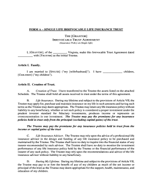 Single Life Irrevocable Trust Agreement