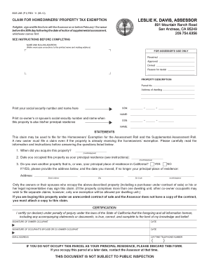 California Homeowners' Property Tax Exemption Claim