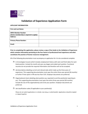 HRPA Validation of Experience Application Form