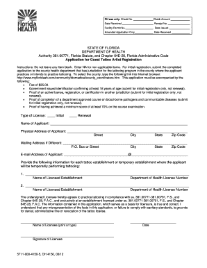 Florida Guest Tattoo Artist Registration Application