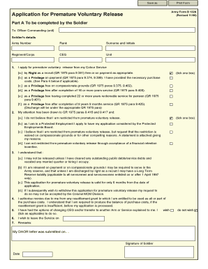 Army Form B 132A Premature Voluntary Release Application