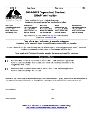 SNAP Verification Form for Dependent Students