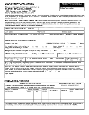 Employment Application for Office Use Only