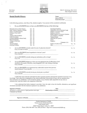 Florida Dental Health History Form
