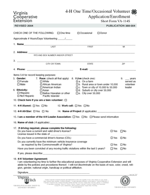 4-H One Time Volunteer Application Form VA-114S