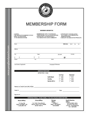 International Yang Family Tai Chi Chuan Association Membership Form