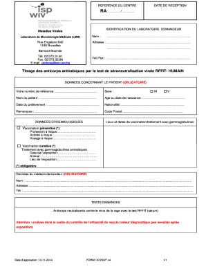 Formulaire de titrage des anticorps antirabiques