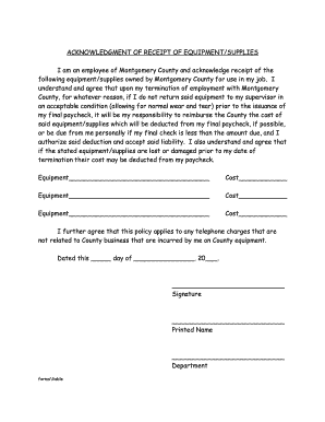 Acknowledgment of Receipt of Equipment/Supplies