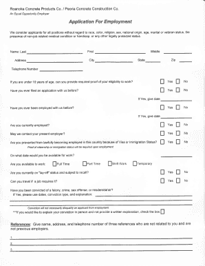 Roanoke Concrete Products Employment Application