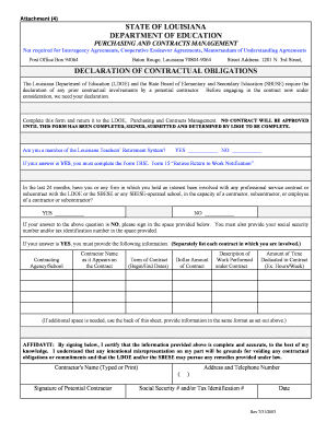 Attachment (4) STATE OF LOUISIANA DEPARTMENT OF EDUCATION PURCHASING AND CONTRACTS MANAGEMENT Not required for Interagency Agreements, Cooperative Endeavor Agreements, Memorandum of Understanding Agreements Post Office Box 94064 Baton