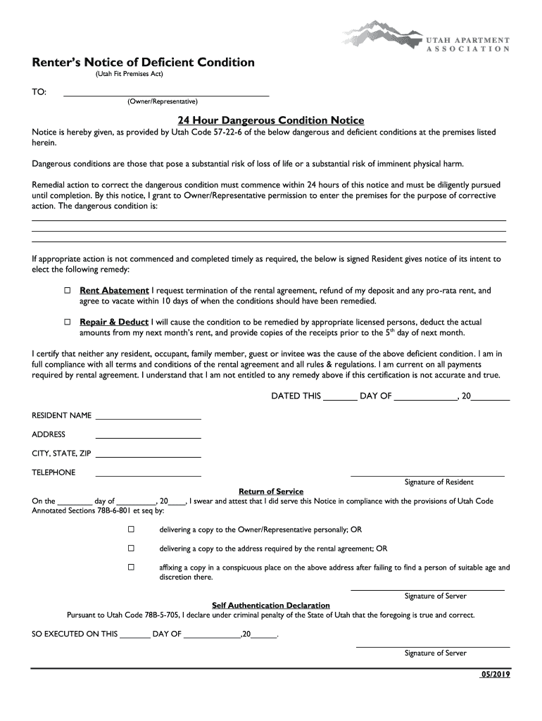Utah Renter s Notice of Deficient Condition Preview on Page 1