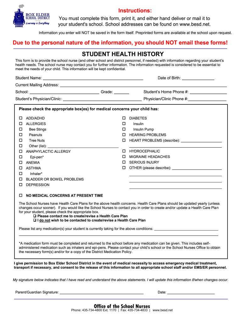 student health history - Box Elder School District Preview on Page 1