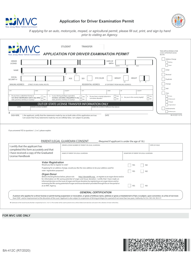 Nj Examination Permit Example New Jersey Driver Examination Permit Application - Blank Fillable ...