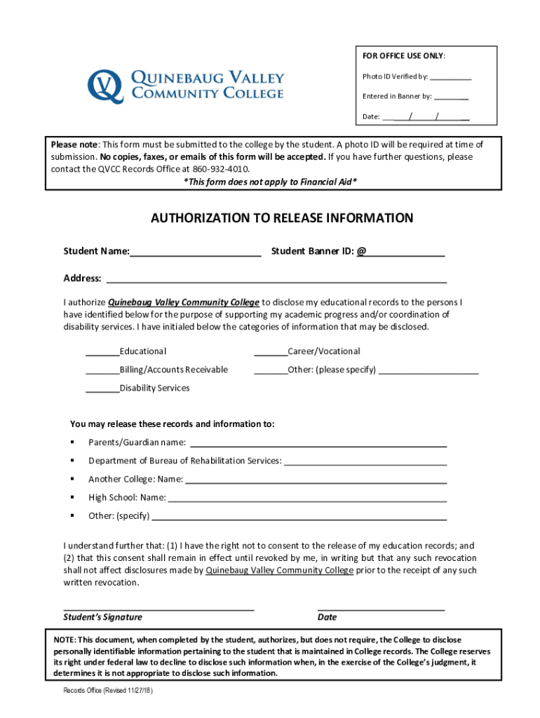 Quinebaug Valley Community College Authorization to Release Information (FERPA) Preview on Page 1