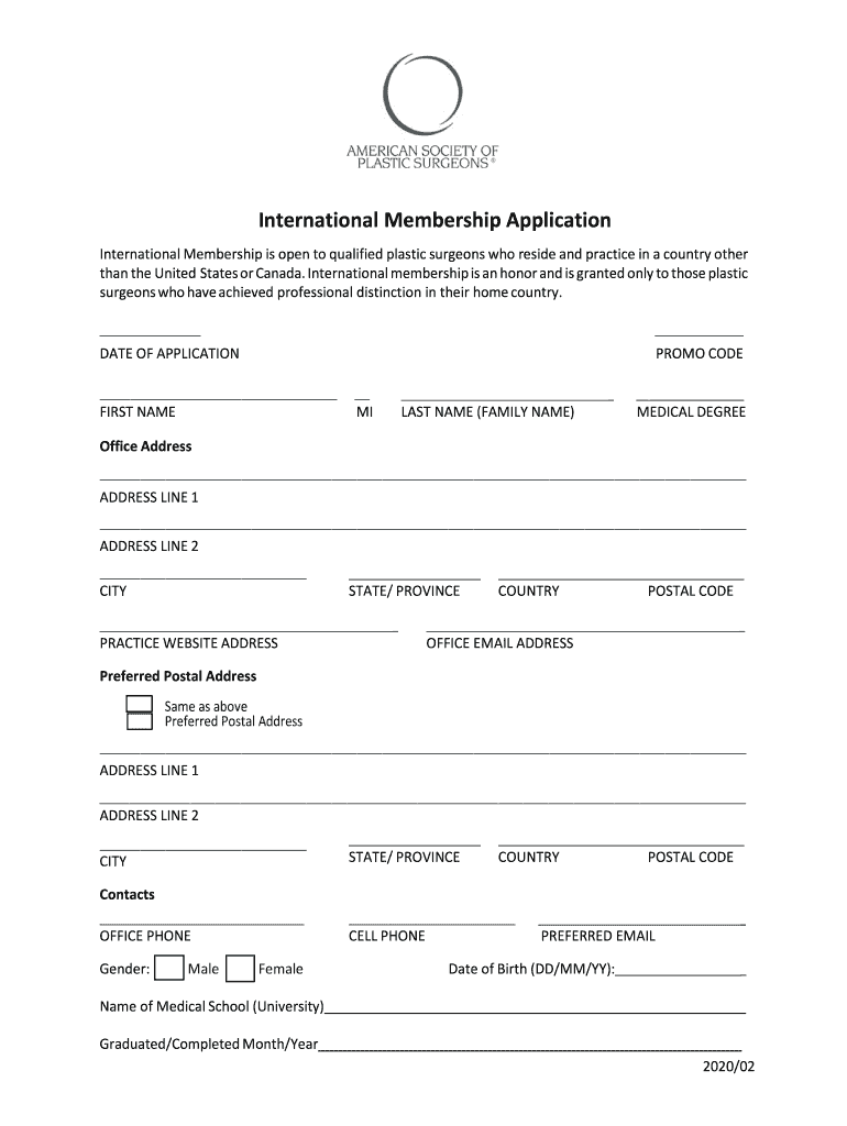 International Membership ApplicationAmerican Society of Plastic Surgeons Preview on Page 1