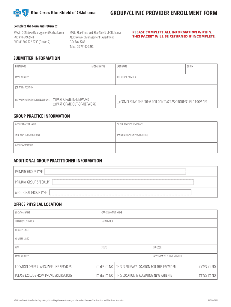 Group Clinic Provider Enrollment Form - Blue Cross and Blue Preview on Page 1