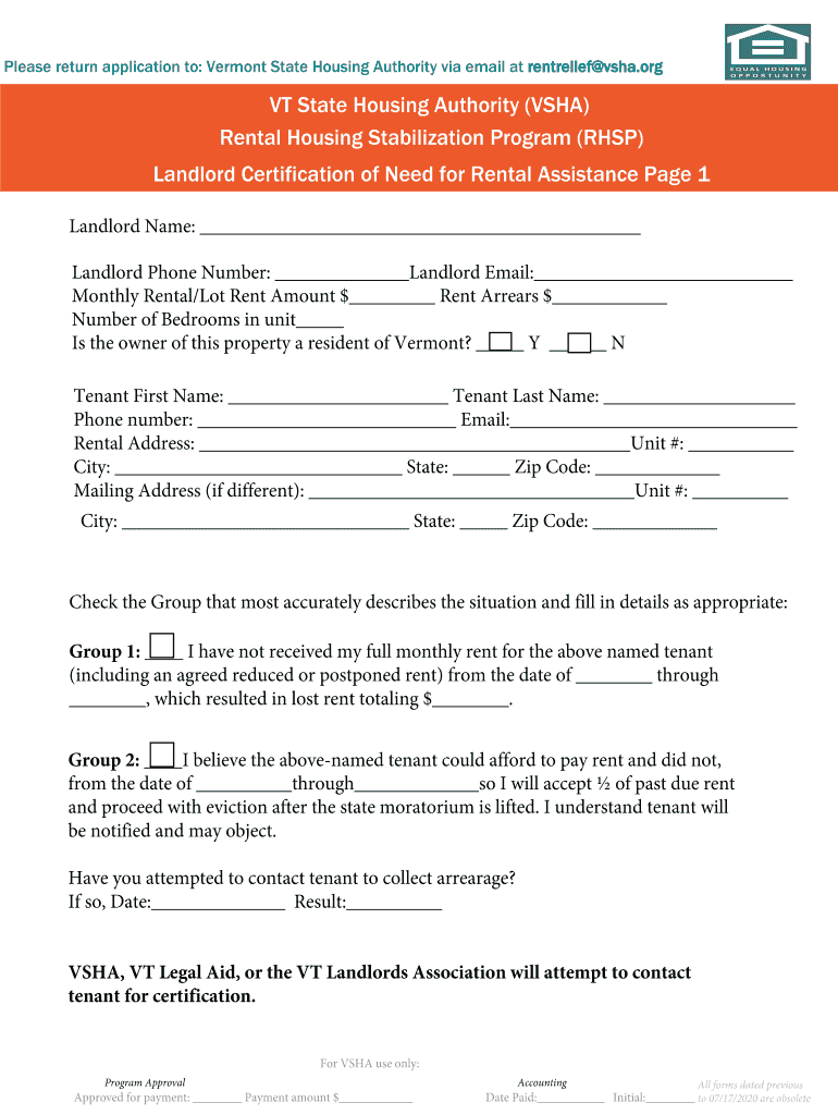 Fillable Online Rental Housing Stabilization Program Vermont State