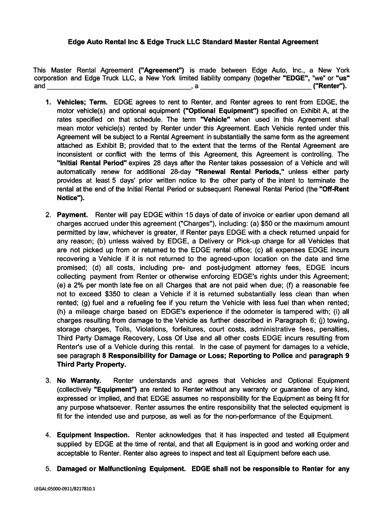 Fillable Online Edge Auto Rental Inc & Edge Truck LLC Standard Master