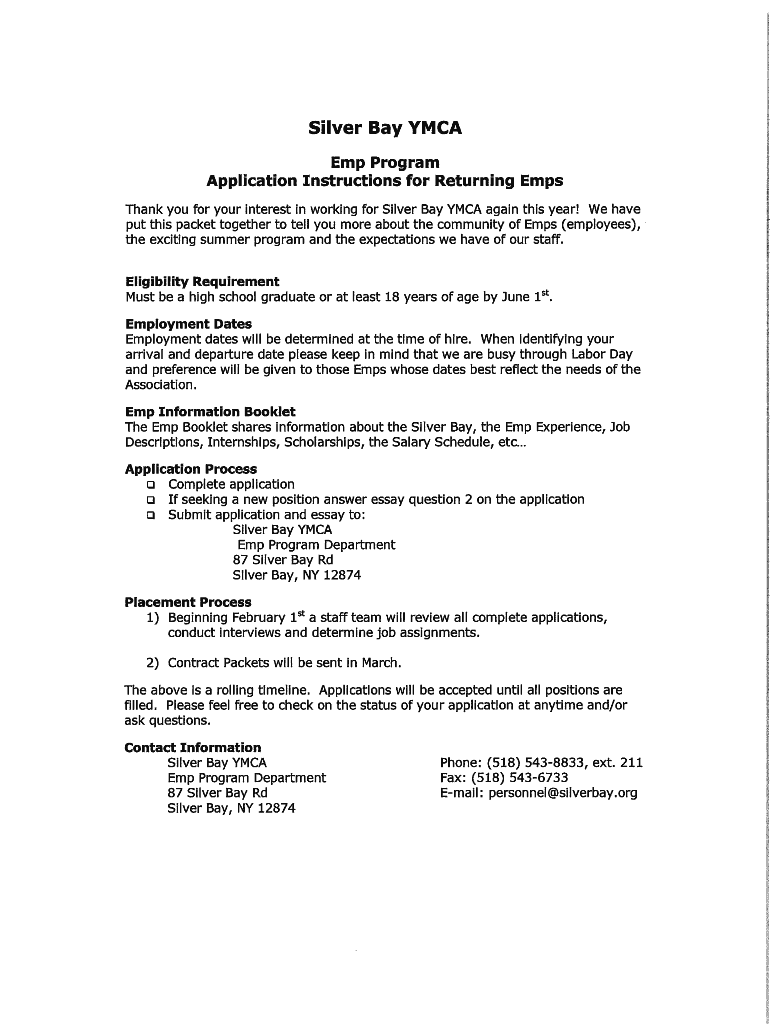 Returning Staff Application 2020 - Silver Bay YMCA Preview on Page 1