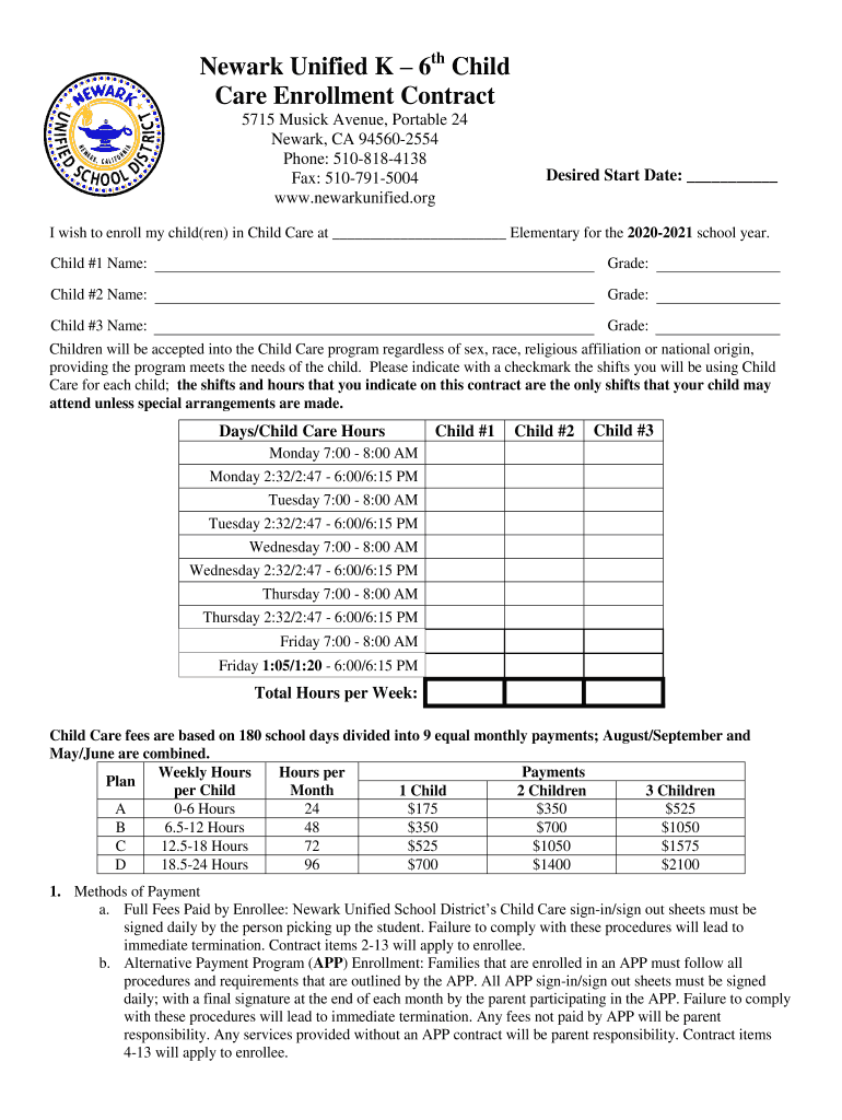 PDF Child Care Enrollment Contract - Newark Unified School District Preview on Page 1
