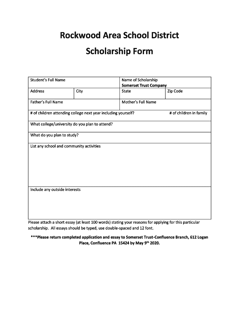 Fillable Online Rockwood Area School District Scholarship Form Fax