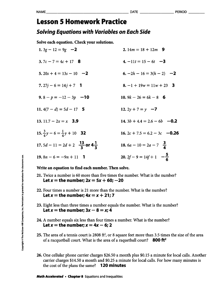 Lesson 5 Homework Practice Solving Equations With Variables On Each ...