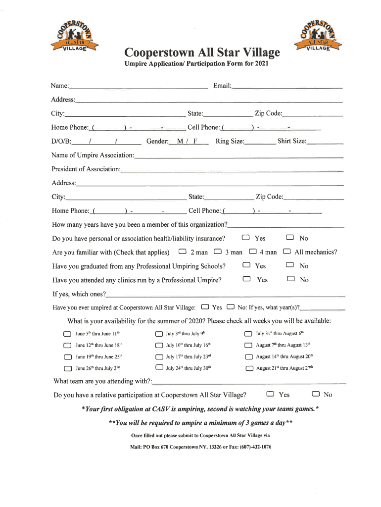 2021 Umpire Application - Cooperstown All Star Village Preview on Page 1