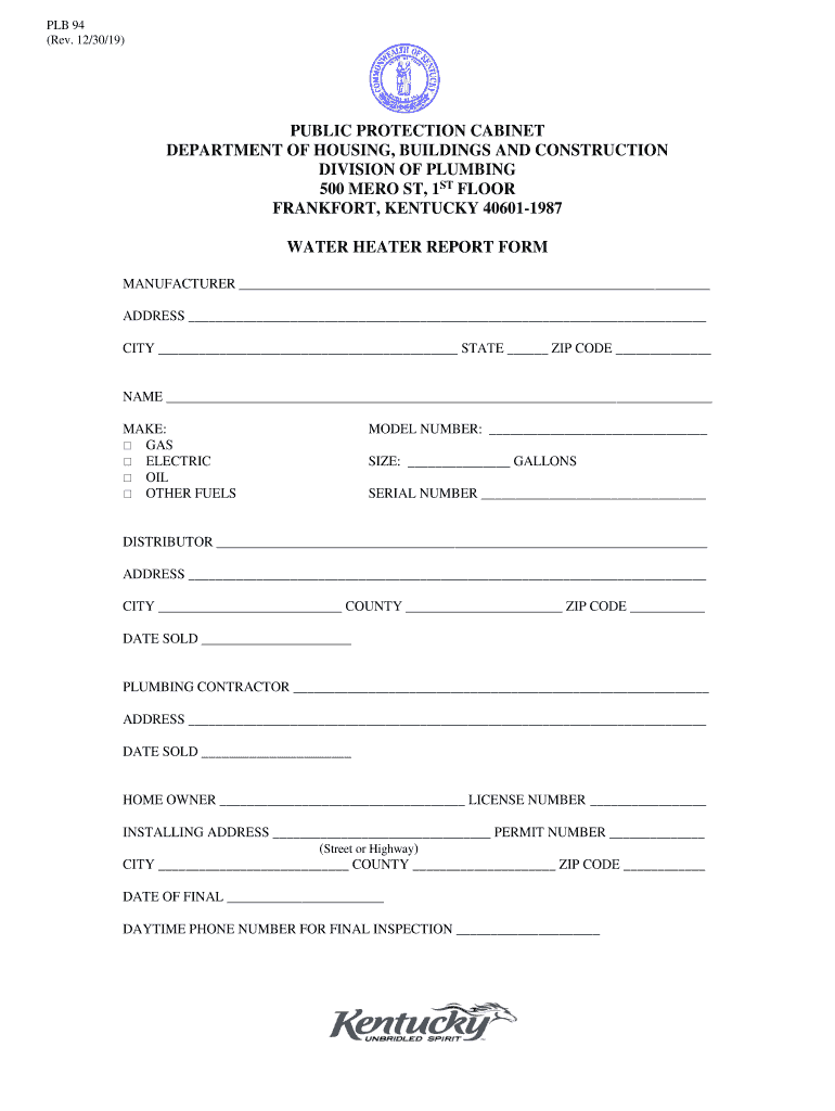 WATER HEATER REPORT FORM Preview on Page 1