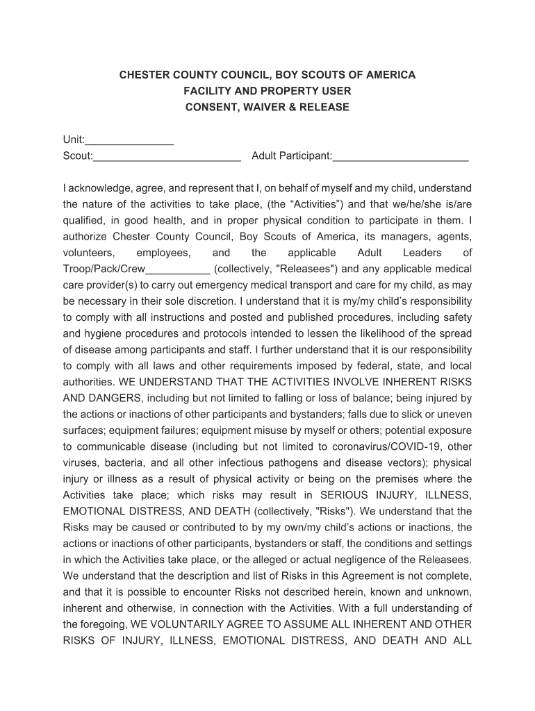 Fillable Online CHESTER COUNTY COUNCIL release and waiver form 6.29.20 ...