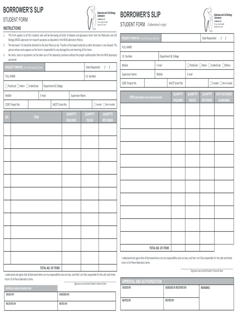 Fillable Online BORROWERS SLIP Fax Email Print pdfFiller