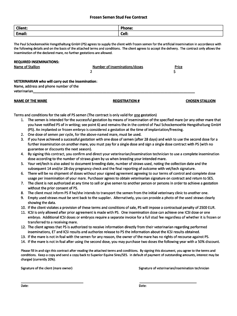Fillable Online Frozen Semen Stud Fee Contract Fax Email Print - pdfFiller