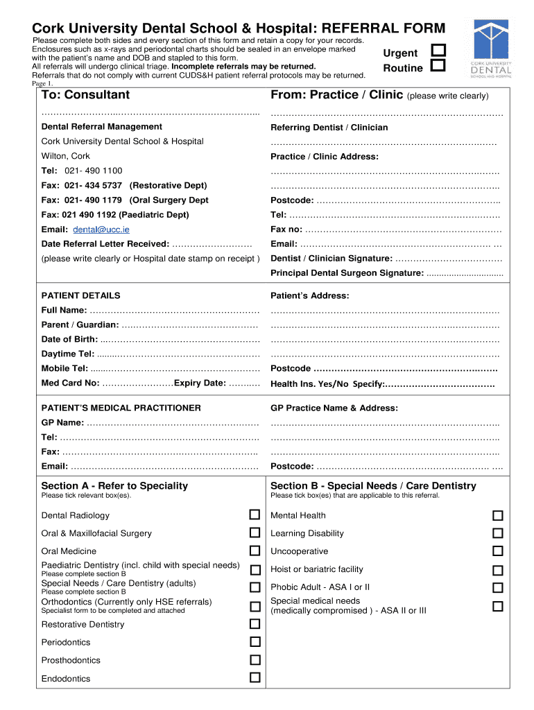 Cork University Dental School & Hospital Referral Form - Blank Fillable ...